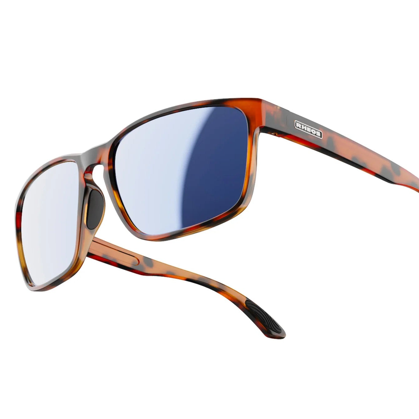 Sunglasses with tortoiseshell frame and blue lenses on a white background